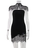 Ahagaga Sexy Women's Mini Dresses Solid Patchwork Lace Slash Sleeveless Sheath Bodycon Sheer Regular Casual Streetwear Vestidos