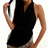 Women’s Solid Color Satin Cowl Neck Halter Tops Summer Fashionable Backless Slim Fit Going Out Vest