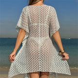 2025 V Neck Short Sleeve Hollow Out Knitted Tunic Beach Cover Up Cover-ups Beach Dress Beach Wear Beachwear Female Women K6535