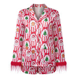 Women Satin 2025 Christmas Pajama Set Bow/Tree Print Long Sleeve Shirt with Shorts Two Pieces Sleepwear Loungewear