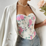 Summer Women Floral Y2K Crop Tops Printed Sleeveless Fishbone Corset Woman Sexy Backless Slim Strapless Streetwear Camisole