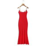V Neck Spaghetti Strap Red Party Women's Dress Flower Decor Elegant Sleeveless Bodycon Maxi Vestidos 2025 Beach Casual Long Robe
