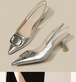 Brand Woman Slingback Shoes Fashion  Spring New Ladies High Heels Elegant Med Heel Pointed Toe Slip on Sandal Mules