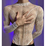 New American Style Fashion Men Vests Tops Crew Neck Sexy Hollow  Mesh Bodysuit Casual  Long Sleeve Tank Clubwear Party Costume