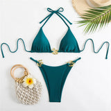 Dark Brown String Halter Micro Thong Bikinis Sets Sexy Swimsuit Women 2026 Metal Ring Holiday Swimwear Beach Wear Bikini Mujer