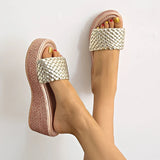 2026 Gold Woven Band Wedge Heeled Sandals Women Plus Size 43 Summer Platform Slippers Woman Light Thick Sole Rome Sandalias