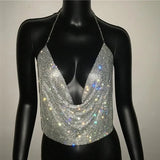 Festival Brilliant Rhinestone Backless Party Crop Top Women 2025 Summer Glitter Evening V Neck Diamonds Metal Tank Tops