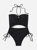 2026 Drawstring Swimsuit Solid Cut Out Knot Halter One Piece Swimwear Women Padded Bathing Suit Female Swimming Summer Beachwear