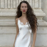 Women's Fashion Casual Style Satin Ice Silk Strap V-Neck Dress Pure Desire Dress Elegant White Satin Lace Trim Dress Party 6TFA