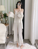 Gold velvet three-piece pajamas set, autumn and winter lace nightgown, sexy home wear with chest pad