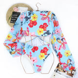 One Piece Swimsuit Sexy Long Sleeve Tropical Print Swimwear Women Bandage Monokini Hollow Out Bathing Suit String Beachwear 2023