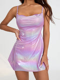 Women Sleeveless Backless Party Club Dress Solid Color Shiny Spaghetti Strap Mini Dress for Cocktail Nightclub Beach