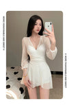 Swimsuit Women's Summer New One-piece Skirt Style Slimming Lace Long Sleeved Small Chest Steel Support Hot Spring Swimsuit