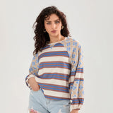 Loose Knitted Tops Women Contrast Color Stripe Floral Print Long Sleeve Pullovers Fall Winter Casual Jumpers