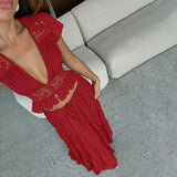 FDYOUI Sexy V-neck Lace Patchwork T-shirt Tops+Long Skirt 2 Piece Set Women's Summer Green Holiday Party Dress Suit Streetwear
