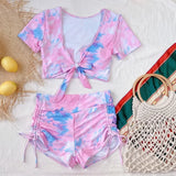 2026 Two Piece Swimsuit Swimwear Women Short Sleeve High Waist Bowknot Bathing Suit Beachwear Snakeskin Print Banadores Mujer