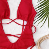 Sexy Red Swimsuit Micro String Bikini Hollow Out Backless Monokini Women One-Piece Vacation Swimwears Bikinis Beach Bathing Suit