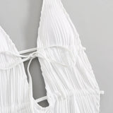 Sexy Wrinkled Swimsuit One Piece Deep V-Neck Bikini Thong Swimwear Bodysuits Women Biquini Bathing Suits Black and White 2 Color