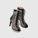 Sexy Leopard Pattern Mesh Thin Heel High Heel for Women Elegant Size 43 Breathable Sandals Lace Up Peep Toe Cool Boots