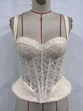 Sexy Beige Floral Embroidered Lace Fishbone Vest Women Summer Strap Underwire Slim Ruffles Tank Tops Lady Club Party Camisole