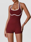 Color Blocking Yoga Jumpsuit Women Sleeveless Hollow Out Backless Slim Sports One Piece Short Suit Gym Running Fitness Rompers