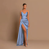 Elegant Strapless Solid Evening Gown Chic Satin Corset Dress for Women V-neck Split Blue Long Dress Lady Summer Party Dress up