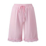 Fashion Women's Loose Shorts Drawstring Elastic Waist Lace Trim Wide Leg Mid Pants Summer Casual Lounge Out Going Shorts