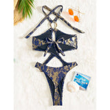 Sexy Tummy Cut Out Leopard Snakeskin Women Swimwear One Piece Swimsuit Female Halter High Cut Leg Bather Bathing Suit Swim V7972