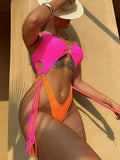 Tummy Cut Out Splicing Fringe Tassel Women Swimwear One Piece Swimsuit Female Monokini High Leg Cut Bathing Suit Swim Beach Wear