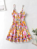 V Neck Bowknot Floral Print Boho Summer New Dress for Women Adjustable Strap Lace Patchwork Sundress Beach Casual Short Dress