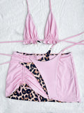 2026 Summer Leopard Print 3 Pieces Suit Swimwear Reversible Sexy Halter Lace-up Bikini Set Drawstring Skirt Cover Up Beachwear