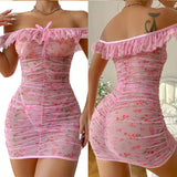Lingerie Ultra Sexy Bra And Thong Set Ruffled Transparent Short Dress Sexy Floral Mesh Print Nightgowns Lingerie Erotic Pajamas
