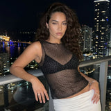 Women Sheer Rhinestones Tank Tops Mesh Sleeveless Shirt Aesthetic Beach Club Sexy Basic Vest Streetwear Summer