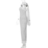FDYOUI Luxury Bandage Sequins Evening Party Dresses for Women Sexy Strapless Off Shoulder Backless Split Slim Long Wedding Dress
