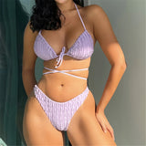 Wrinkled Wrap Around Halter Brazilian Bikini Female Swimsuit Women Swimwear Two-Pieces Bikini Set Bather Bathing Suit Swim V4672