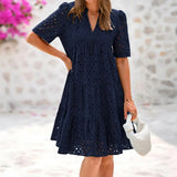 Casual Short Sleeve V-neck Midi Dress Women's Hollow Out Eyelet Dress Summer Beach Tiered Flowy A-line Sundress