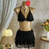With Skirt Ruffled Frilled Halter Bikini Female Swimsuit Women Swimwear Three-pieces Bikini set Bather Bathing Suit Swim V7788