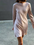 Ahagaga Fashion Women Dresses Solid Casual O-Neck Regular Long Full Sleeves Sheath Bodycon Basic Slim Fit Female Vestidos Robes