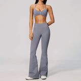 Summer Fitness Suit Women Seamless Hanging Neck Pleate Sports Bra Yoga Sets High Waist Wide Leg Leggings Running Athletic Wear
