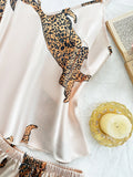 Summer 2-pieces Pink Leopard Printed Pajamas Set for Women Sexy Ice Silk Stain Sleepwear Casual Crop Tops and Shorts Lounge