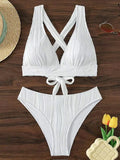 Wrinkled Crinkled Cross Back Bikini Women Swimwear Female Swimsuit Two-pieces Bikini Set High Cut Bathing Suit Swim Beach Wear