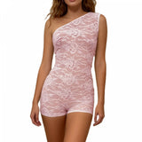 Women Summer Sheer Lace Bodysuit Tight Fitted One Shoulder Sleeveless See Through Lingerie Romper for Themed Party Club