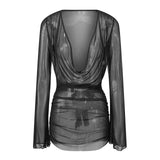 Women's Summer Solid Color Sheer Beach Mini Dress Long Sleeve Deep V Neck Swim Cover Up Swimwear for Pool Vacation