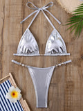 PU Leather Pearls Bikini Mini Micro Thong Bikinis Women Swimwear Female Swimsuit Two-piece Bikini Set Halter Bathing Suit Swim