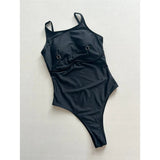 Metal Ring Backless Black Women Swimwear One Piece Swimsuit Female Brazilian High Leg Cut Padded Bather Bathing Suit Swim V7512