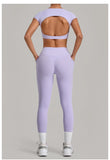 Yoga Set Women's Tracksuit Short Sleeve Back Hollow Out Sports Top Athletic Wear Tight High Waist Pocket Leggings Fitness Suits
