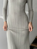 Women Spring Autumn Solid Color Bodycon Knit Dress Long Sleeve Crew Neck Ribbed Dress Slim Fit Long Dress