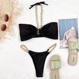 Women Swimwear Metal Chain Halter Ribbed Bikini Female Swimsuit Two-Pieces Bikini Set High Cut Bather Bathing Suit Swim V2989