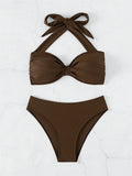 Sexy Front Tie Bikini Set Women Brown Halter Push Up Padded Micro Swimsuit 2025 Summer Bathing Suit High Waist Swimwear Biquini