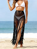 Women's Crochet Knit Skirt High Waist See Through Hollow Out Long Beach Skirt with Tassels Fringe Hem Summer Swim Cover Ups